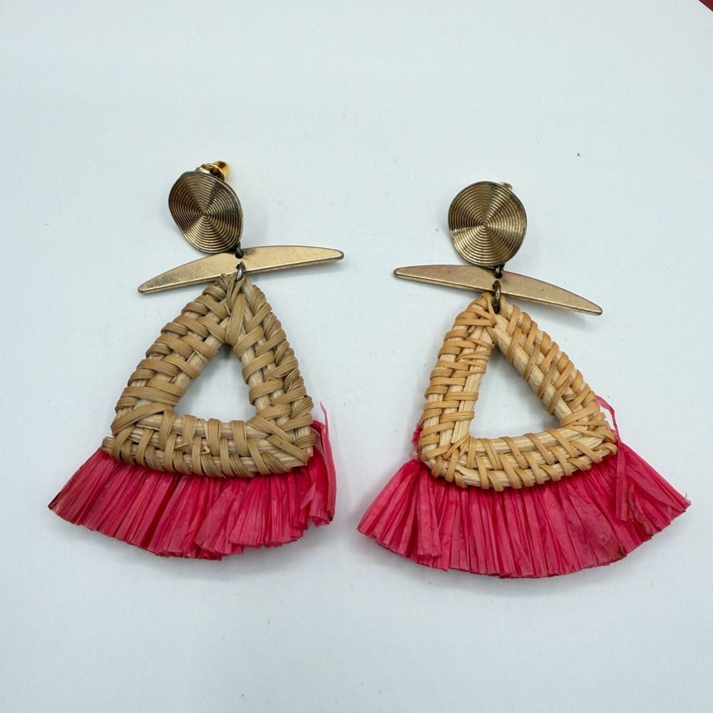 Rattan Woven Triangle Pink Raffia Fringe Gold Tone Statement Dangle Earrings